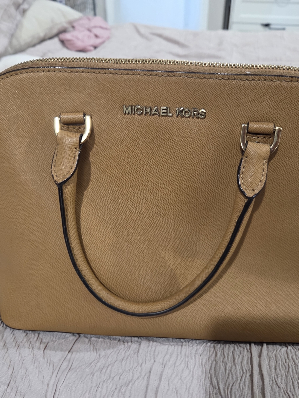 Michael Kors Camel Saffiano Leather Satchel with Gold Hardware